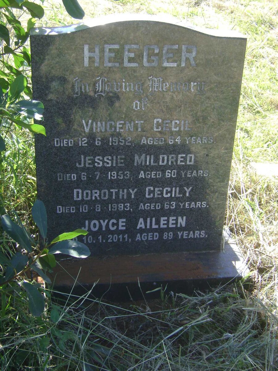 HEEGER Vincent Cecil -1952 &amp; Jessie Mildred -1953 :: HEEGER Dorothy Cecily -1983 :: HEEGER Joyce Aileen -2011