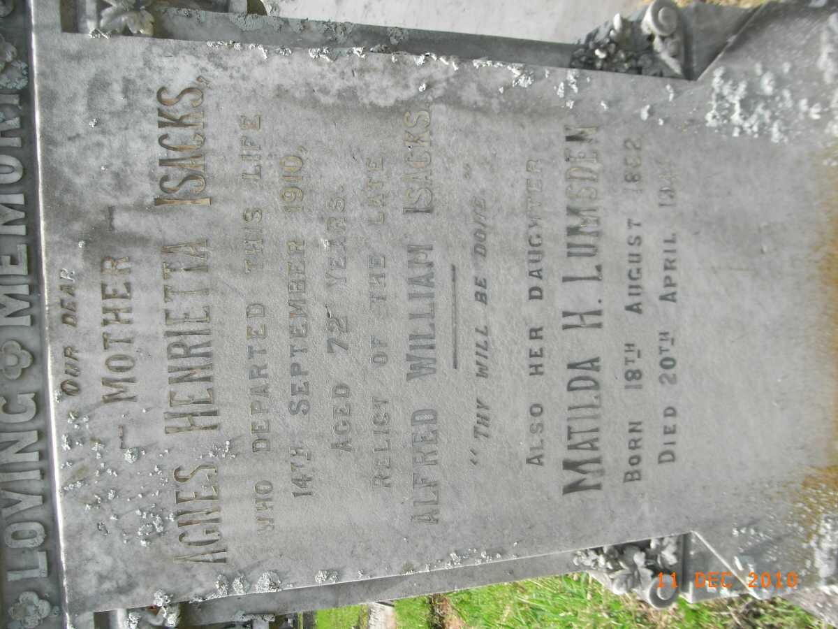 ISACKS Agnes Henrietta -1910 :: LUMSDEN Matilda H. 1882-1941