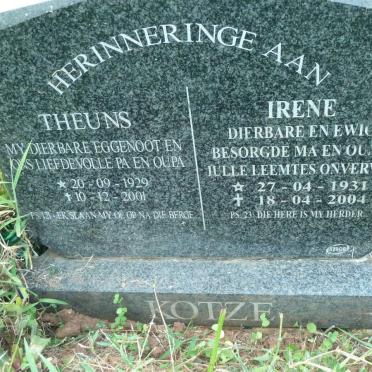 KOTZE Theuns 1929-2001 &amp; Irene 1931-2004