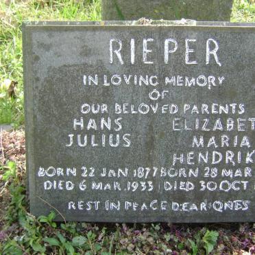 RIEPER Hans Julius 1877-1933 &amp; Elizabeth Maria Hendrina 1881-1971