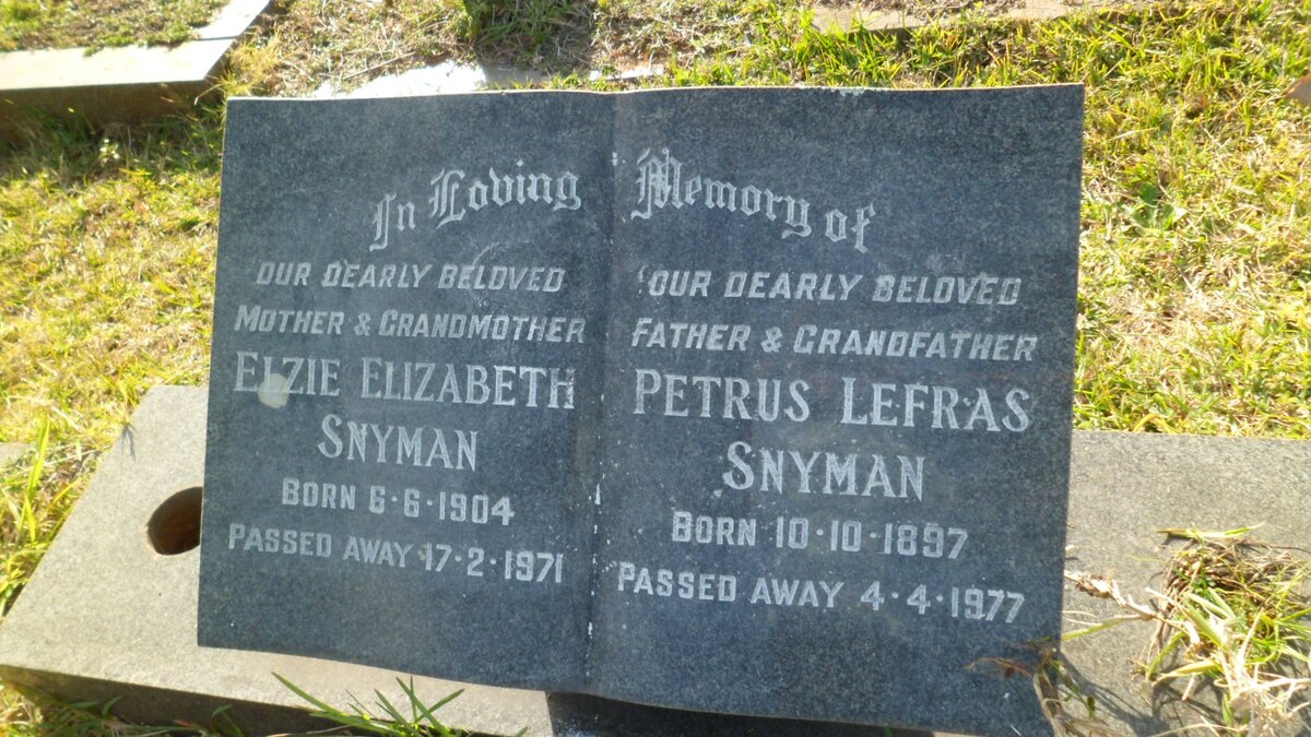 SNYMAN Petrus Lafras 1897-1977 &amp; Elzie Elizabeth 1904-1971