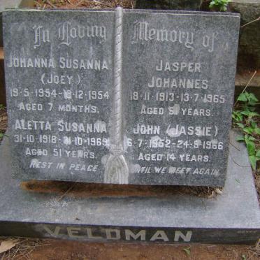 VELDMAN Jasper Johannes 1913-1965 &amp; Aletta Susanna 1918-1969 :: VELDMAN Johanna Susanna 1954-1954 :: VELDMAN John 1952-1966