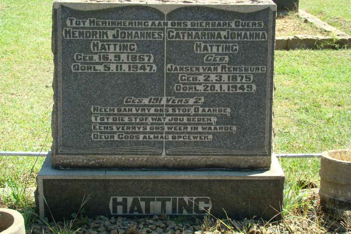 HATTING Hendrik Johannes 1867-1947 &amp; Catharina Johanna JANSEN VAN RENSBURG 1875-1949