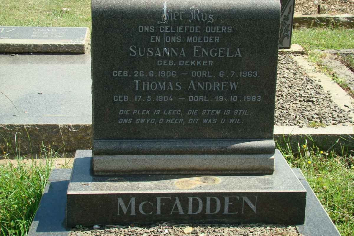 McFADDEN Thomas Andrew 1904-1983 &amp; Susanna Engela DEKKER 1906-1963