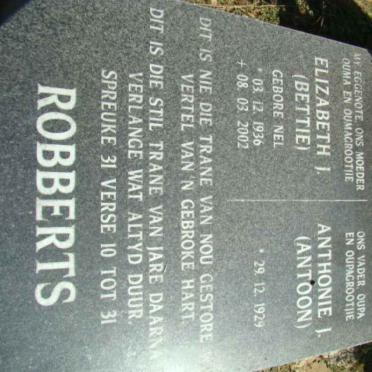 ROBBERTS Anthonie J. 1929- &amp; Elizabeth J. NEL 1936-2002
