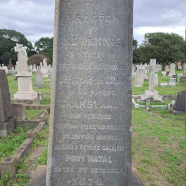 2. In memory of officers and crew of "Transvaal" barque when it was wrecked just off Port Natal 1874