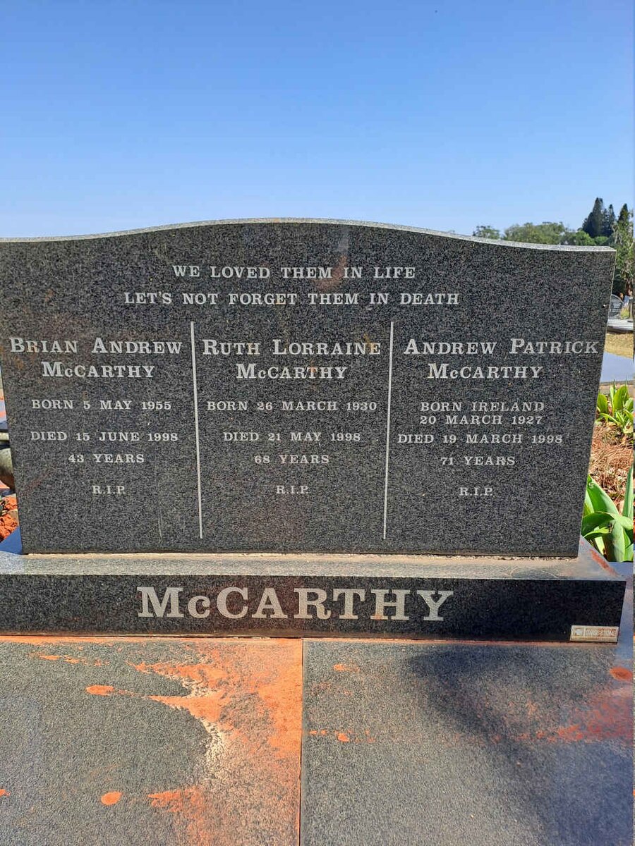 MCCARTHY Andrew Patrick 1927-1998 & Ruth Lorraine 1930-1998 :: MCCARTHY Brian Andrew 1955-1998