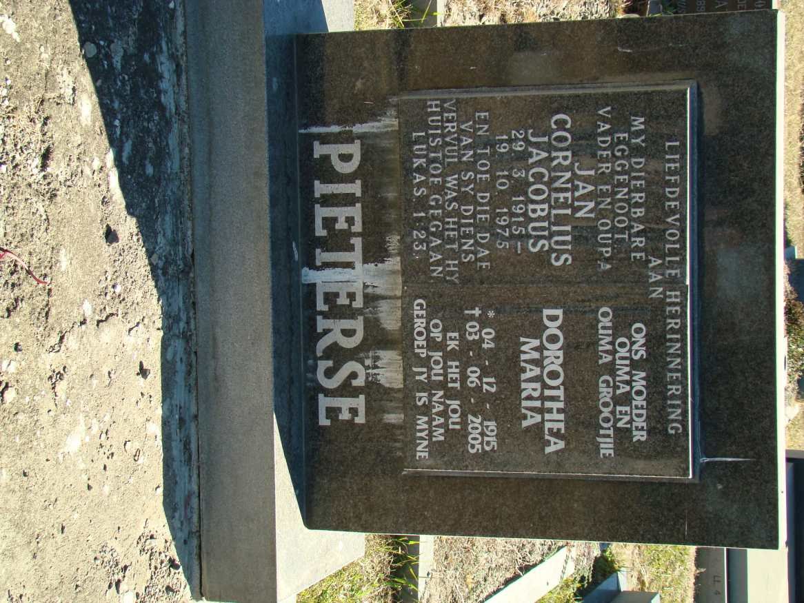 PIETERSE Jan Cornelius Jacobus 1915-1975 &amp; Dorothea Maria 1915-2005