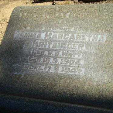 KRITZINGER Emma Margaretha nee VAN DER WATT 1904-1947