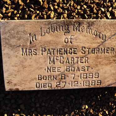 MCCARTER Patience Stormer nee BOAST 1899-1989