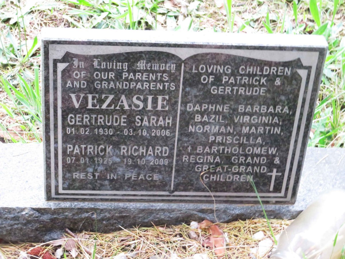 VEZASIE Patrick Richard 1925-2009 &amp; Gertrude Sarah 1930-2006