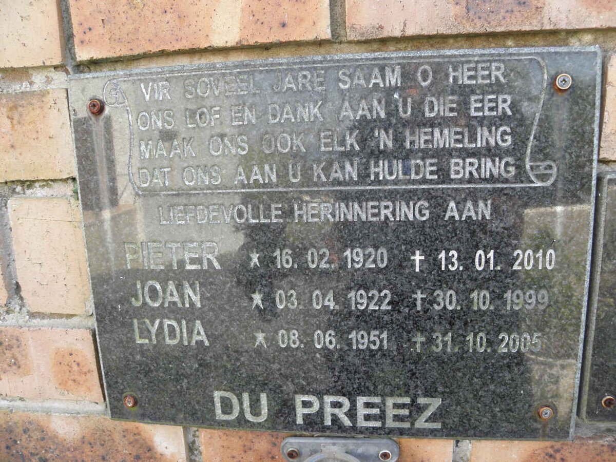 PREEZ Pieter, du 1920-2010 &amp; Joan 1922-1999 :: DU PREEZ Lydia 1951-2005