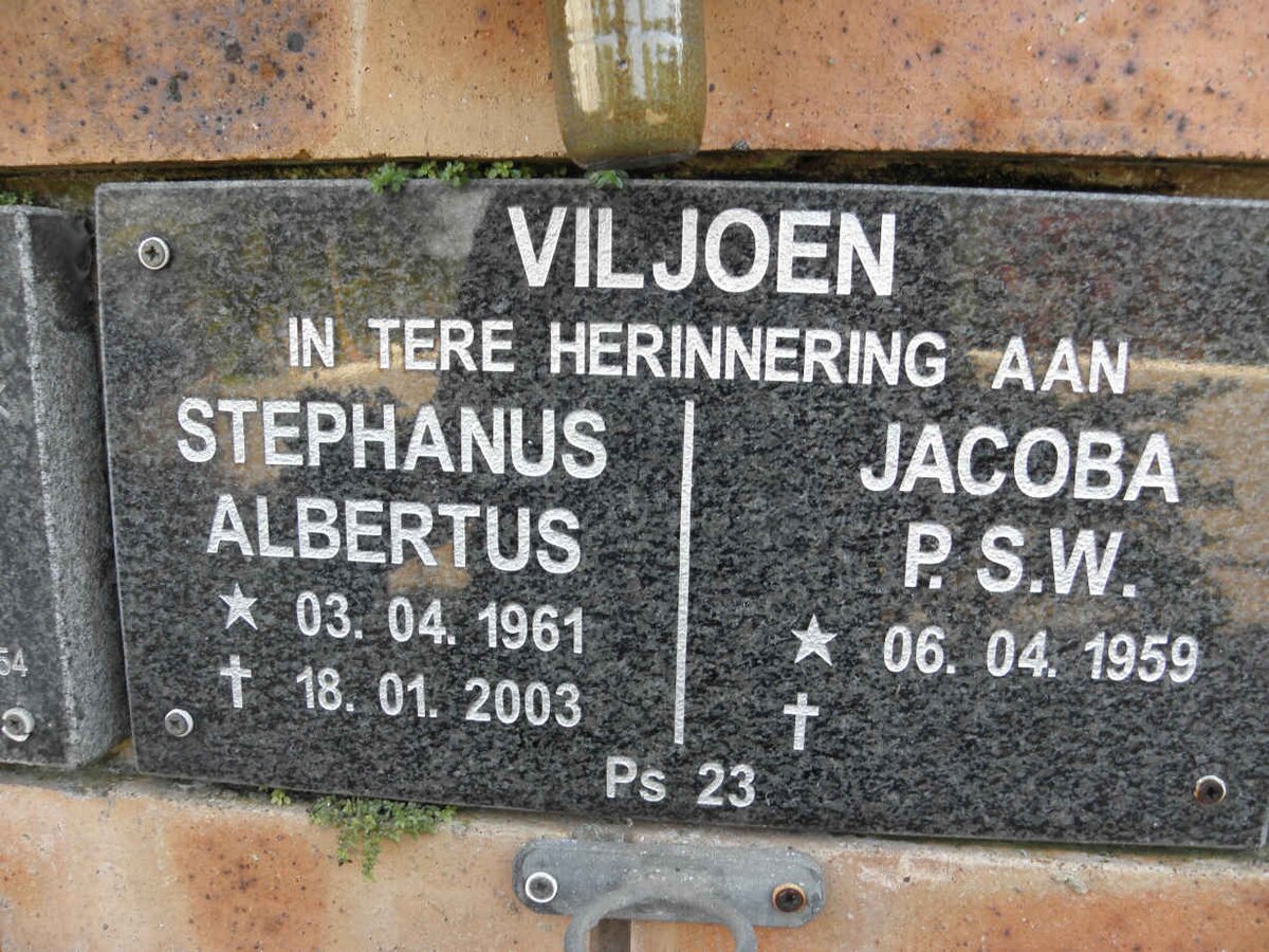 VILJOEN Stephanus Albertus 1961-2003 &amp; Jacoba P.S.W. 1959-
