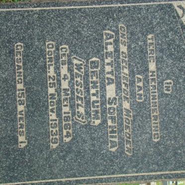 BENTUM Aletta Sophia nee WESSELS 1864-1939