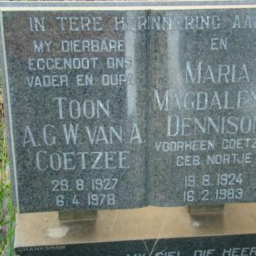 COETZEE Toon A.G.W. van A. 1927-1978 :: DENNISON Maria Magdalena voorheen COETZEE nee NORTJE 1924-1983