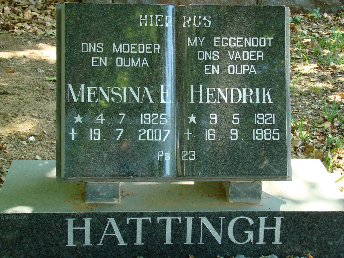 HATTINGH Hendrik 1921-1985 &amp; Mensina E. 1925-2007