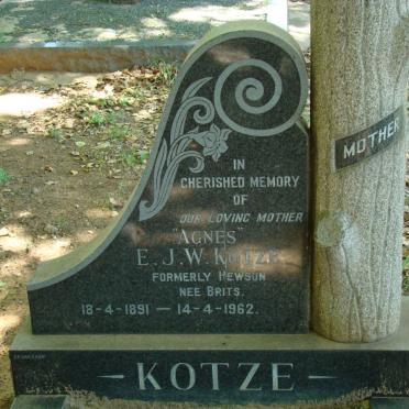 KOTZE E.J.W. formerly HEWSON nee BRITS 1891-1962