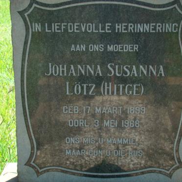 LÖTZ Johanna Susanna nee HITGE 1899-1968