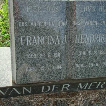 MERWE Hendrik P., van der 1905-1988 &amp; Francina J. 1911-1984