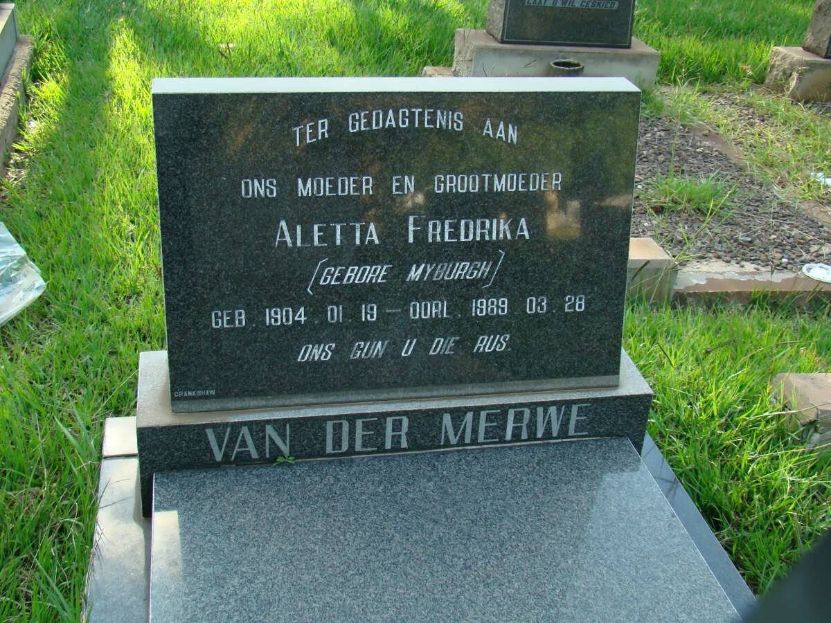 MERWE Aletta Frederika, van der nee MYBURGH 1904-1989