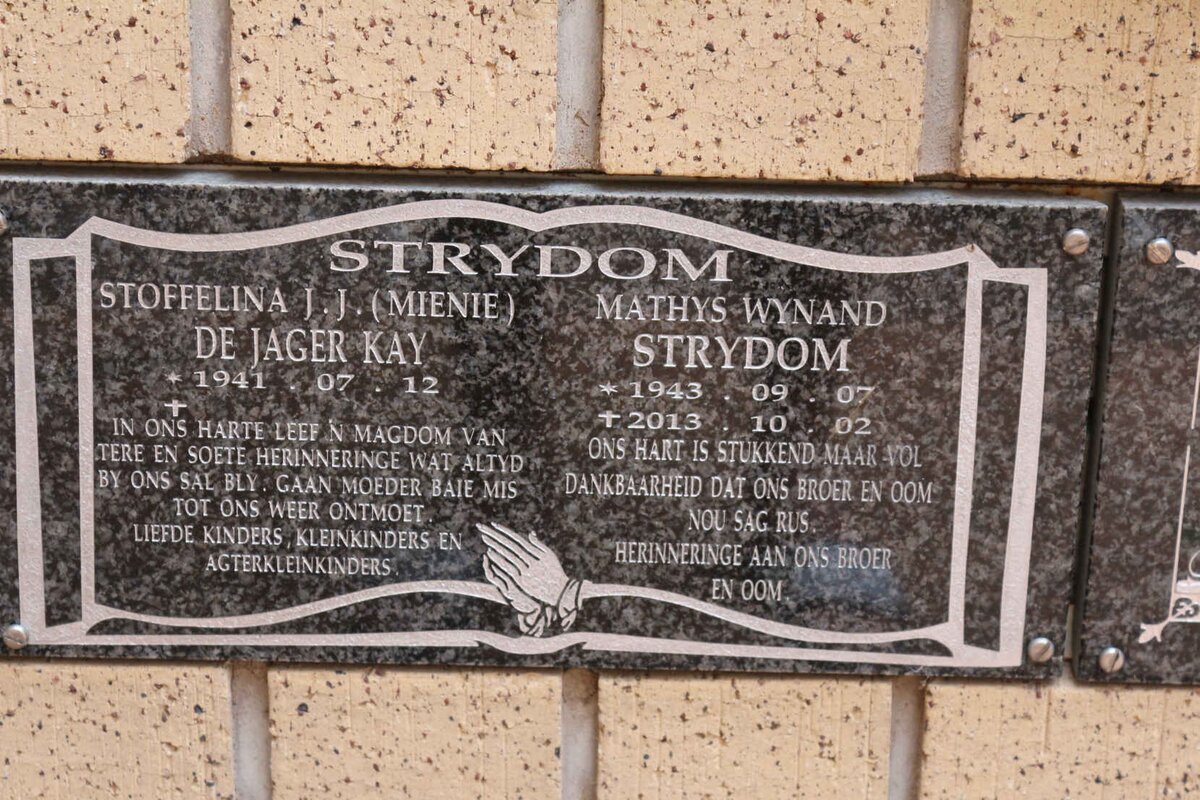 STRYDOM Mathys Wynand 1943-2013 &amp; Stoffelina J.J. DE JAGER KAY 1941-