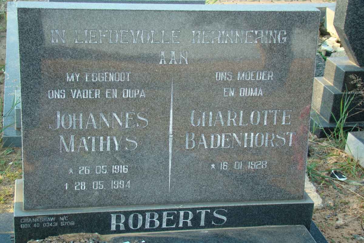 ROBERTS Johannes Mathys 1916-1994 &amp; Charlotte Badenhorst 1928-