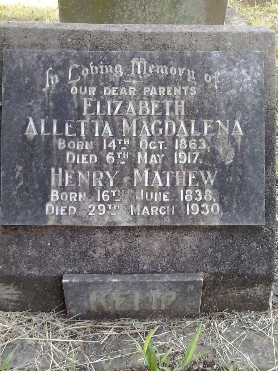 KEMP Henry Mathew 1838-1930 &amp; Elizabeth Alletta Magdalena 1863-1917