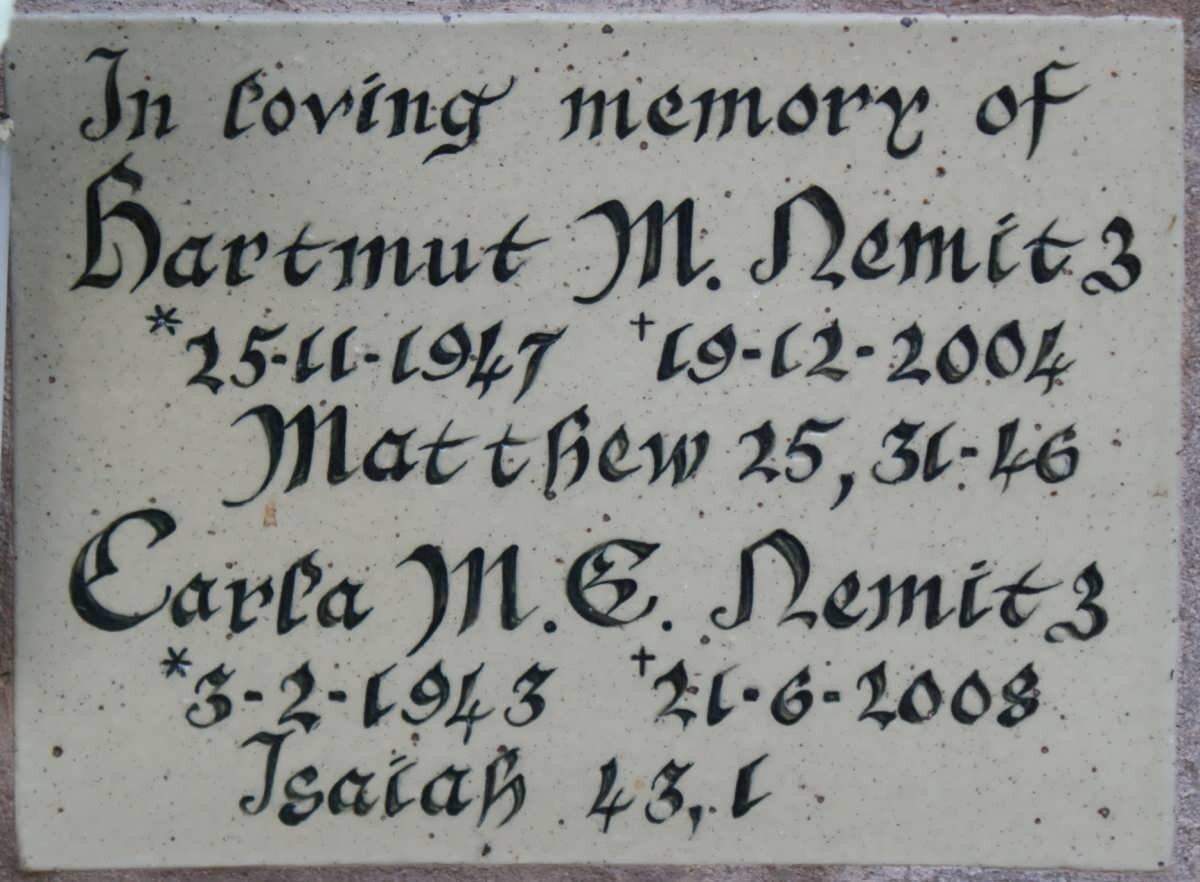 NEMITZ Hartmut M. 1947-2004 &amp; Carla M.E. 1943-2008