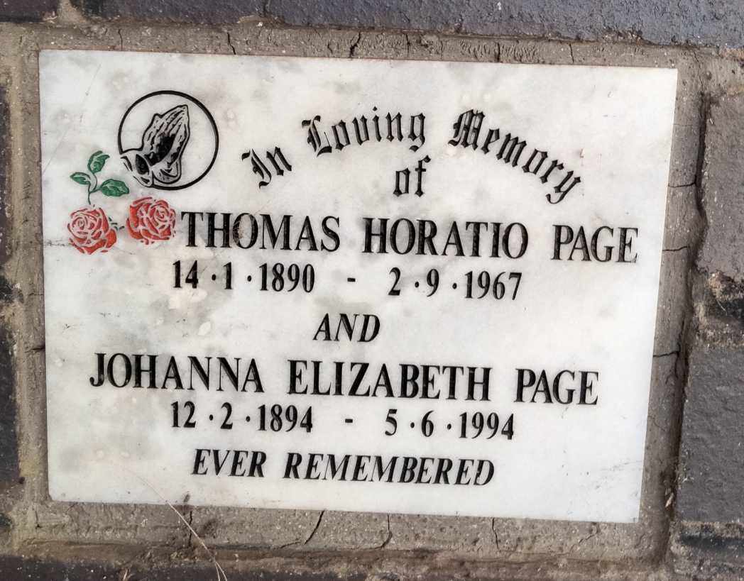 PAGE Thomas Horatio 1890-1967 & Johanna Elizabeth 1894-1994