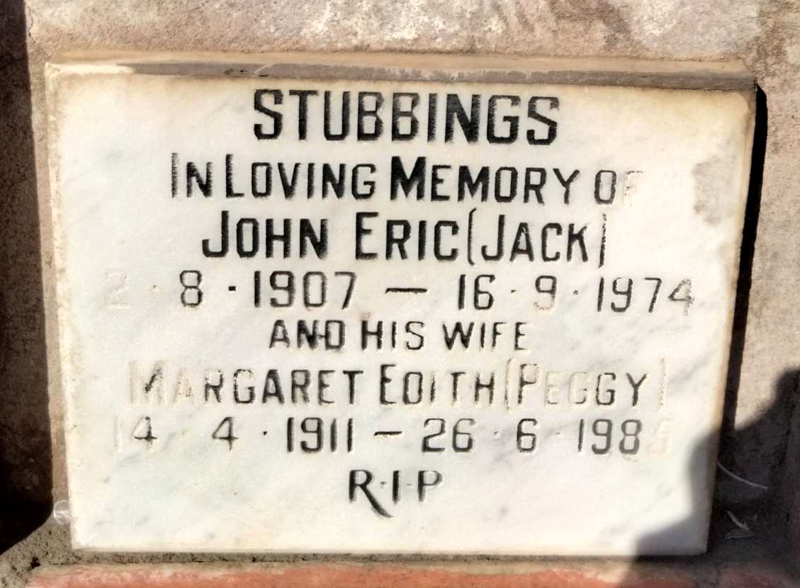 STUBBINGS John Eric 1907-1974 & Margaret Edith 1911-1985