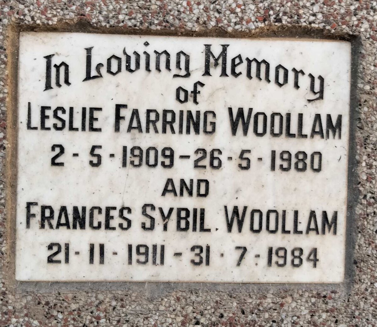 WOOLLAM Leslie Farring 1909-1980 & Frances Sybil 1911-1984