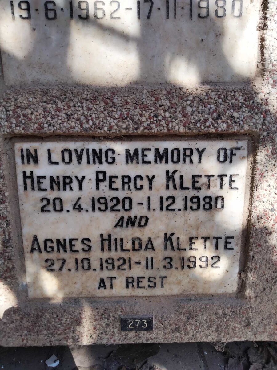 KLETTE Henry Percy 1920-1980 & Agnes Hilda 1921-1992