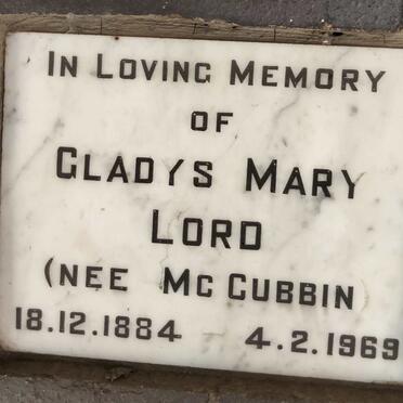 LORD Gladys Mary nee MCCUBBIN 1884-1969
