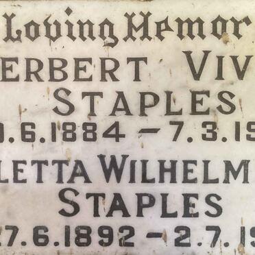 STAPLES Herbert Vivian 1884-1969 & Aletta Wilhelmina 1892-1978