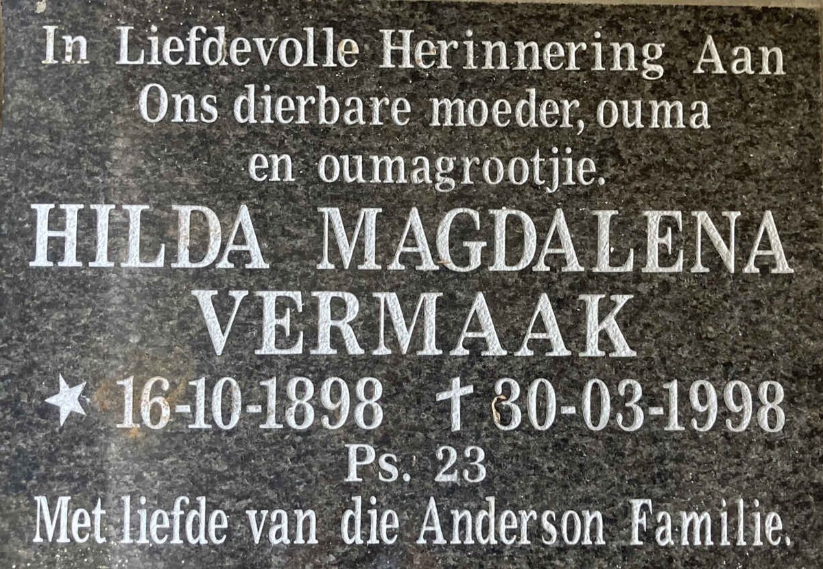 VERMAAK Hilda Magdalena 1898-1998