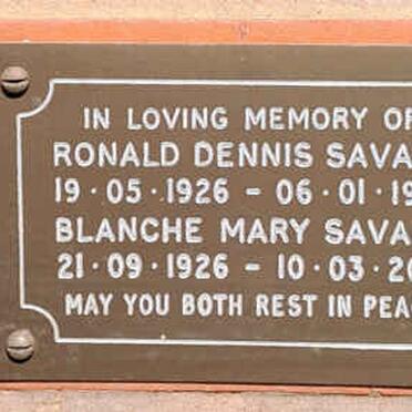 SAVAGE Ronald Dennis 1926-1989 & Blanche Mary 1926-2010