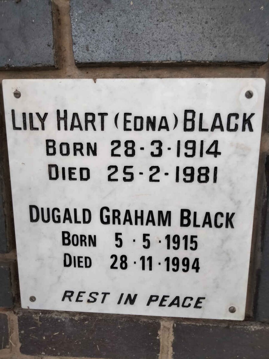 BLACK Dugald Graham 1915-1994 &amp; Lily Hart 1914-1981