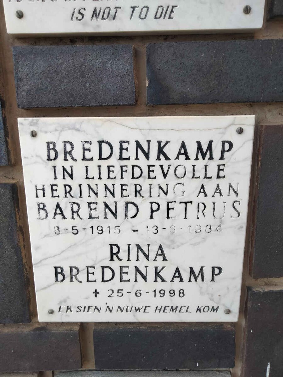 BREDENKAMP Barend Petrus 1915-1984 &amp; Rina -1998