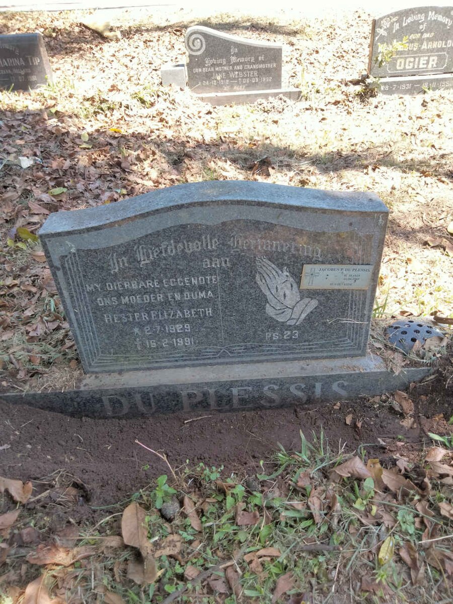 PLESSIS Jacobus P, du 1923-20?? &amp;  Hester Elizabeth 1929-1991