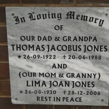 JONES Thomas Jacobus 1922-1988 &amp; Lima Joan 1930-2006