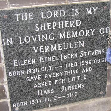 VERMEULEN Hans Jurgens 1937- &amp; Eileen Ethel STEVENS 1938-1996