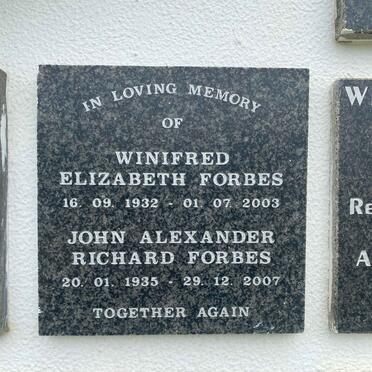 FORBES John Alexander Richard 1935-2007 & Winifred Elizabeth 1932-2003