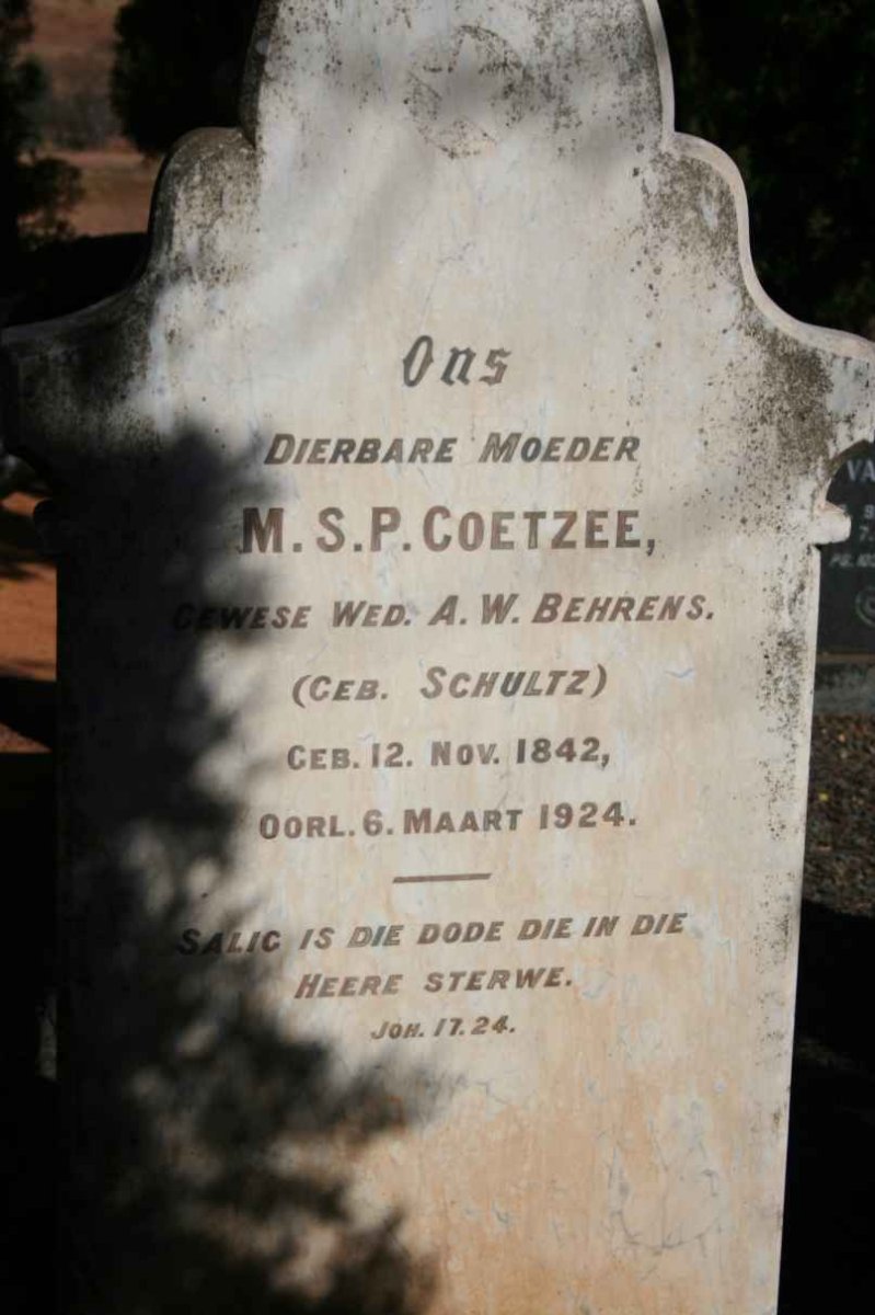 COETZEE M.S.P. previously BEHRENS nee SCHULTZ 1842-1924