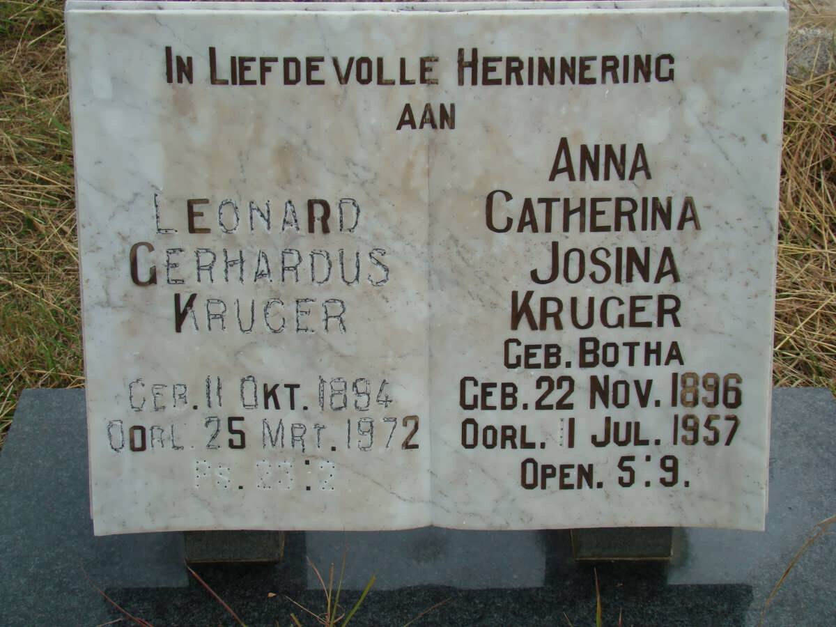 KRUGER Leonard Gerhardus 1894-1972 &amp; Anna Catherina Josina BOTHA 1896-1957