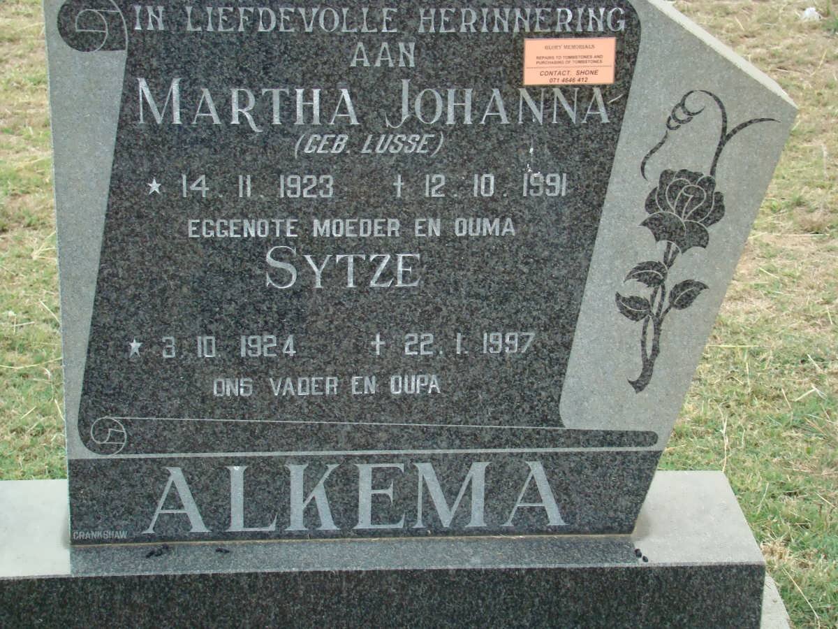 ALKEMA Sytze 1924-1997 &amp; Martha Johanna LUSSE 1923-1991