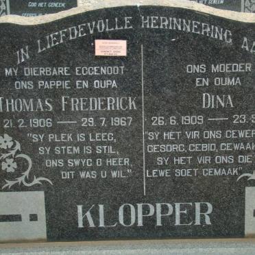 KLOPPER Thomas Frederick 1906-1967 &amp; Dina 1909-1985