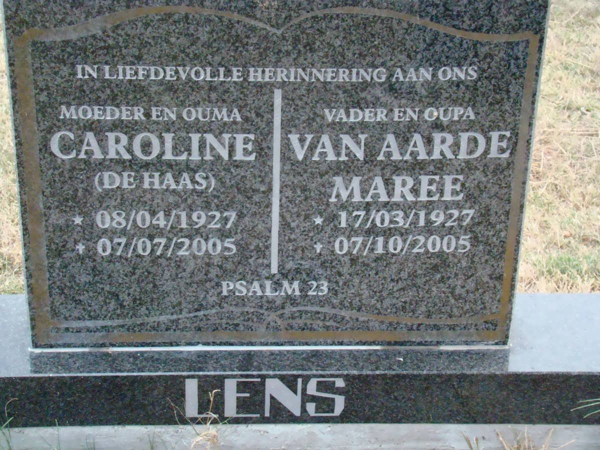 LENS van Aarde Maree 1927-2005 &amp; Caroline DE HAAS 1927-2005