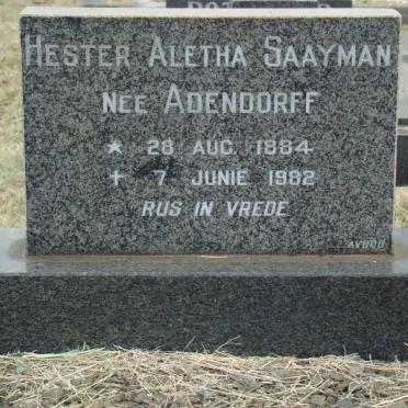 SAAYMAN Hester Aletha nee ADENDORFF 1884-1982