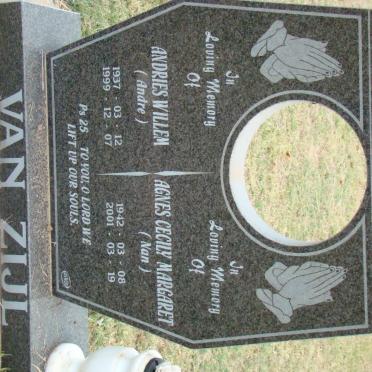 ZIJL Andries Willem, van 1937-1999 &amp; Agnes Cecily Margaret 1942-2001