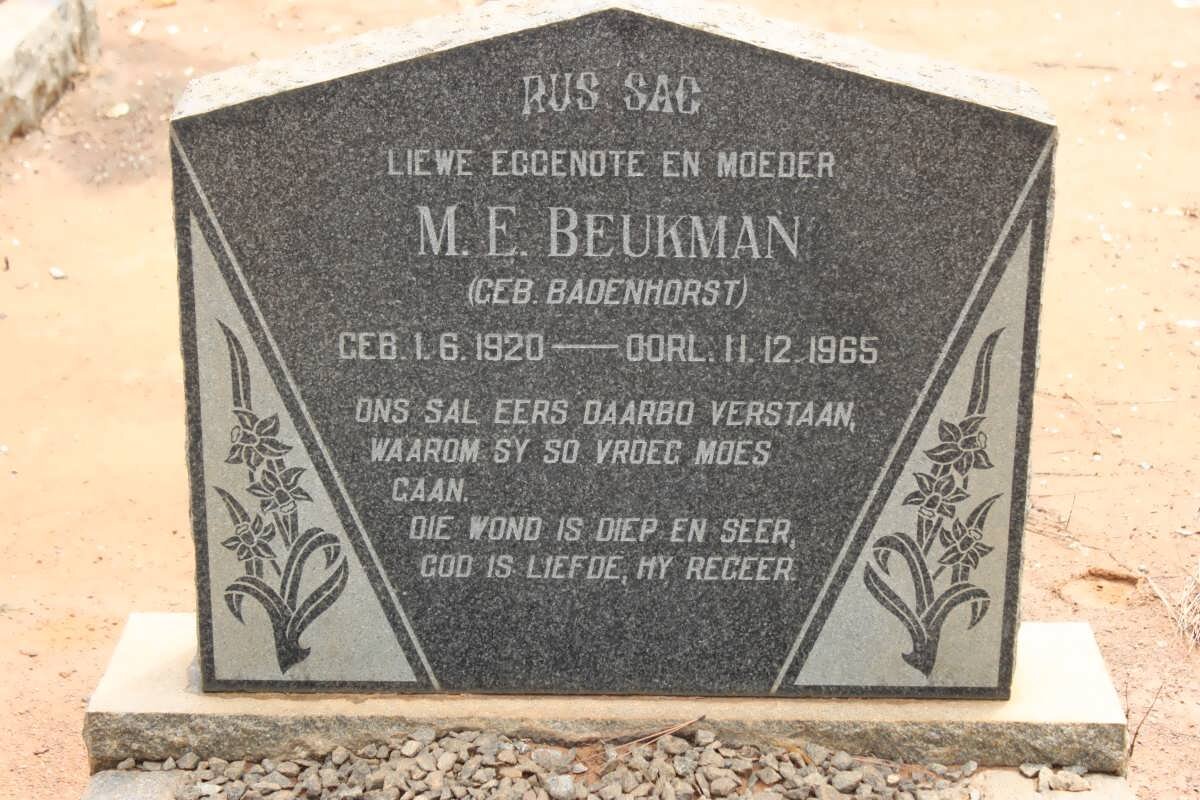BEUKMAN M.E. nee BADENHORST 1920-1965